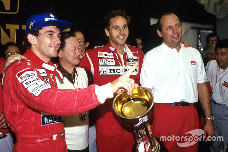 Ayrton Senna, Weltmeister 1991; Gerhard Berger, Rennsieger; Ron Dennis, McLaren-Teamchef