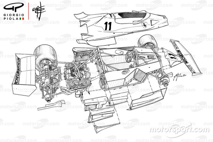 El 312T2 para el GP de España eliminó la caja de aire alta, utilizando conductos de estilo NACA en la parte delantera del carenado de la cabina que suministraría aire al motor.