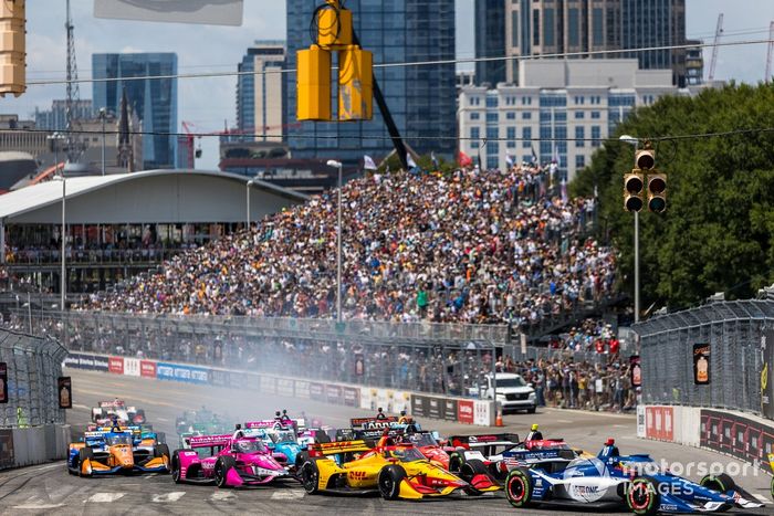 #28: Romain Grosjean, Andretti Autosport Honda, #3: Scott McLaughlin, Team Penske Chevrolet, #10: Alex Palou, Chip Ganassi Racing Honda, #26: Colton Herta, Andretti Autosport w/ Curb-Agajanian Honda