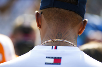Tattoo detail on the neck of Lewis Hamilton, Mercedes AMG F1