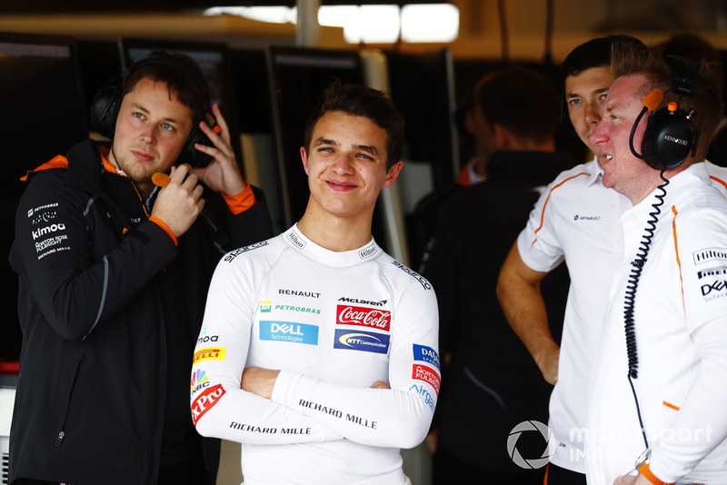 Lando Norris, McLaren, in the garage.