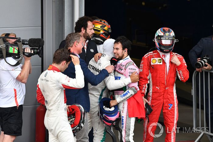 Sergio Perez, Force India y Charles Leclerc, Sauber celebran