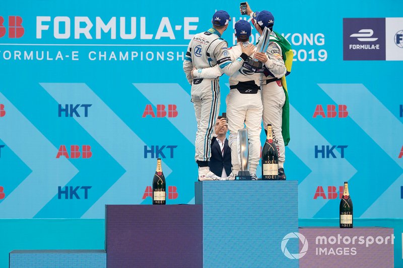 Lucas Di Grassi, Audi Sport ABT Schaeffler, 3rd position, takes a podium selfie with race winner Sam Bird, Envision Virgin Racing, Edoardo Mortara, Venturi Formula E, 2nd position