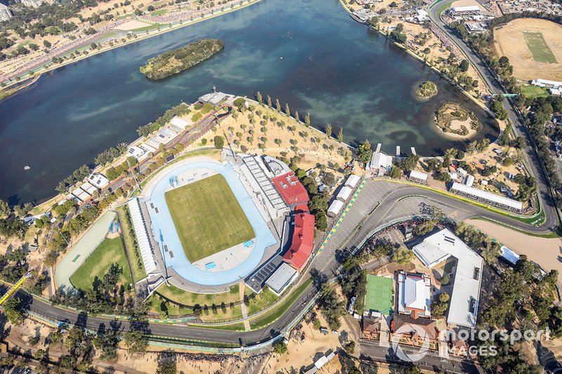 An aerial view of the circuit as the race unfolds