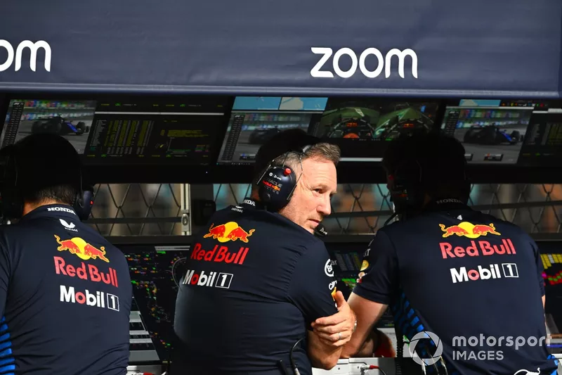 Christian Horner, Team Principal, Red Bull Racing, on the pit wall