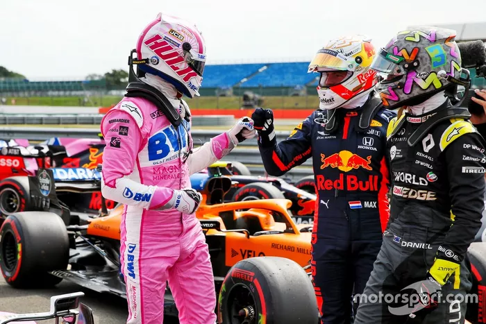 Tercer puesto Nico Hulkenberg, Racing Point celebra en Parc Ferme con Max Verstappen, Red Bull Racing y Daniel Ricciardo, Renault F1