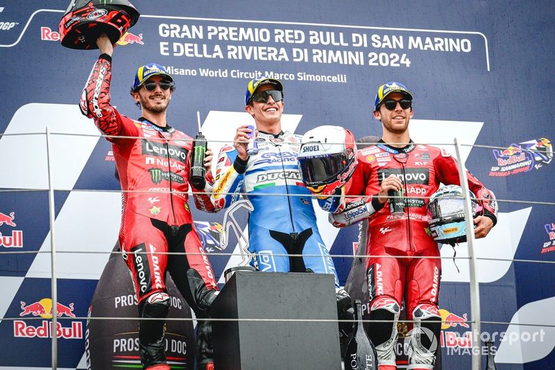Marc Márquez, Gresini Racing Team, Francesco Bagnaia, Ducati Team, Enea Bastianini, podio Ducati Team