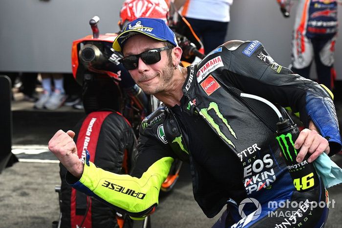 Second place Valentino Rossi, Yamaha Factory Racing celebrates in parc ferme