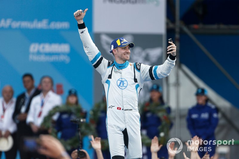 Edoardo Mortara Venturi Formula E, 3rd position, celebrates as he approaches the podium