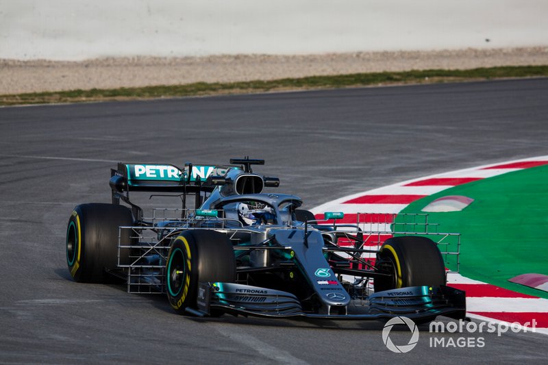 Valtteri Bottas, Mercedes AMG F1 W10, carries a test rig