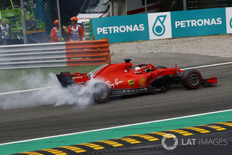 Sebastian Vettel, Ferrari SF71H, trompea con daños en la primera vuelta del GP de Italia 2018