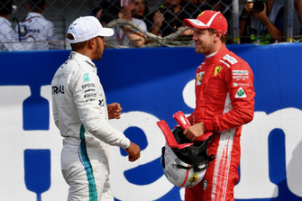 Lewis Hamilton, Mercedes AMG F1 and Sebastian Vettel, Ferrari in parc ferme