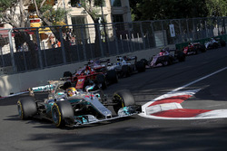 Lewis Hamilton, Mercedes AMG F1 F1 W08 leads Sebastian Vettel, Ferrari SF70H at the restart