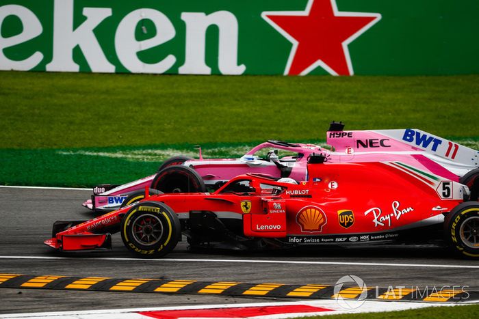 Sebastian Vettel, Ferrari SF71H, y Sergio Perez, Racing Point Force India VJM11