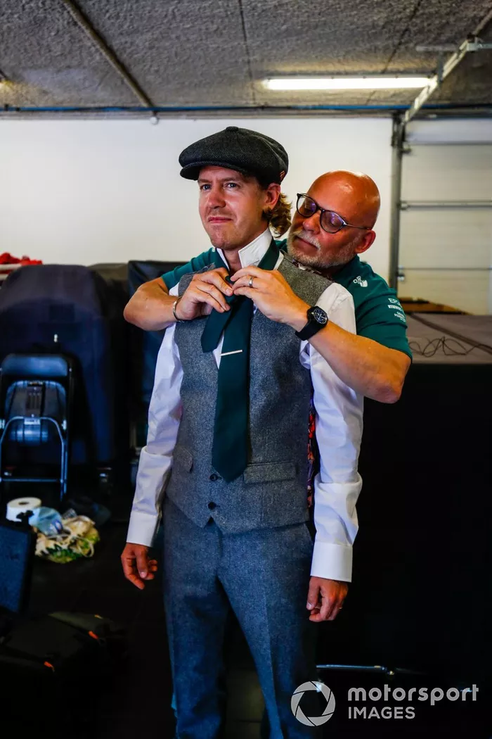 Sebastian Vettel, Aston Martin, prepares to drive the Aston Martin Grean Pea TT1 from 1922