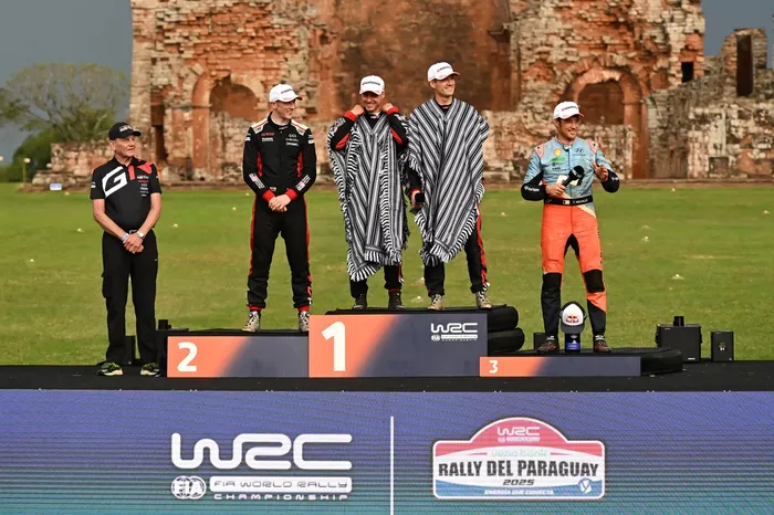 Podium: Winner Sébastien Ogier, Vincent Landais, Toyota Gazoo Racing WRT Toyota GR Yaris Rally1, second place Elfyn Evans, Toyota Gazoo Racing WRT, third place Thierry Neuville, Hyundai World Rally Team