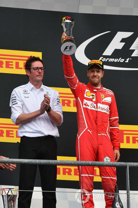Sebastian Vettel, Ferrari celebrates on the podium