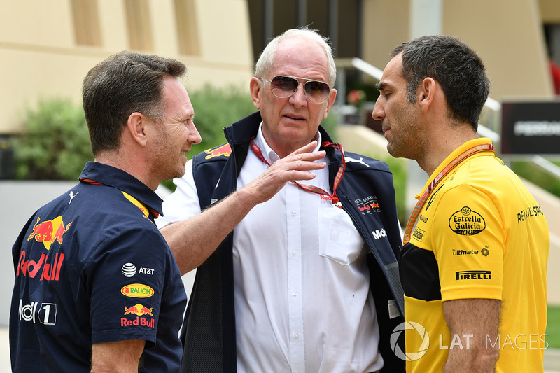 Christian Horner, Red Bull Racing Team Principal, Dr Helmut Marko, Red Bull Motorsport Consultant and Cyril Abiteboul, Renault Sport F1 Managing Director