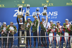 Overall podium: winners Sébastien Buemi, Kazuki Nakajima, Fernando Alonso, Toyota Gazoo Racing, second place Mike Conway, Kamui Kobayashi, Jose Maria Lopez, third place Mathias Beche, Gustavo Menezes, Thomas Laurent, Rebellion Racing