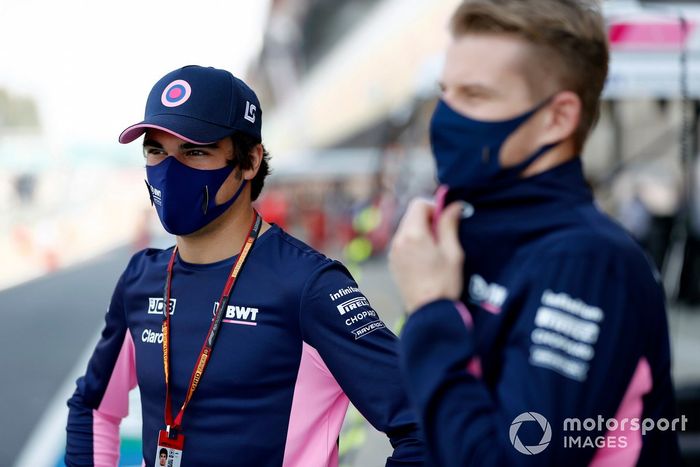 Lance Stroll, Racing Point y Nico Hulkenberg, Racing Point con los medios