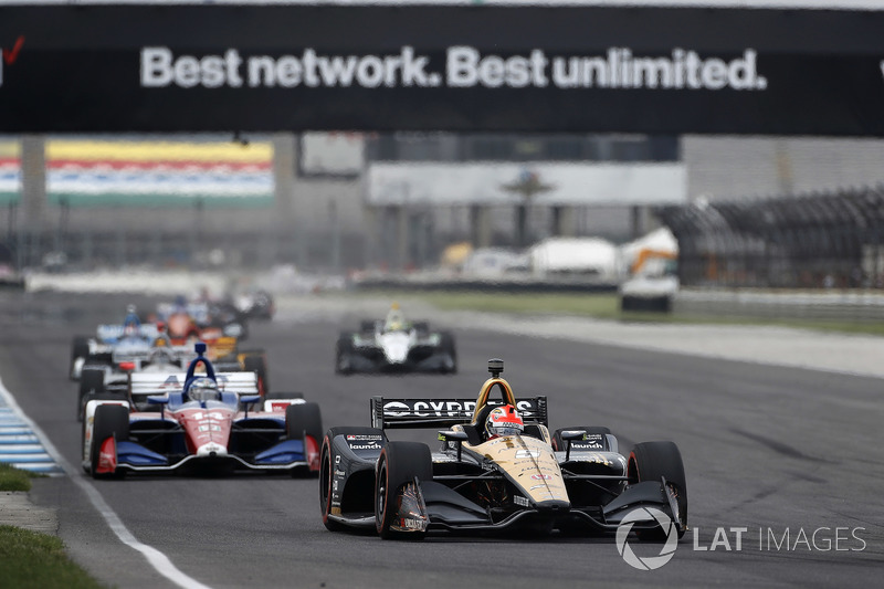 The brake zone for IMS road course Turn 7, as at Turn 1, comes at the end of a long straight, but teams are prepared to run high downforce and thereby sacrifice a little terminal speed for stability under braking.