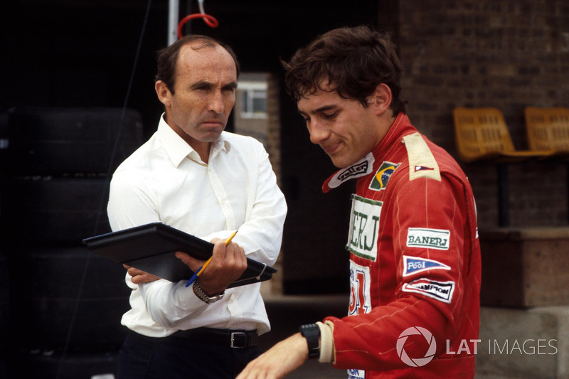 Ayrton Senna, discusses his first run in the Williams FW08C with team owner Frank Williams