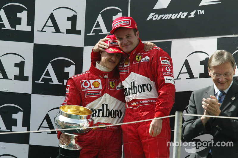 Podium: race winner Michael Schumacher, Ferrari, second place Rubens Barrichello, Ferrari