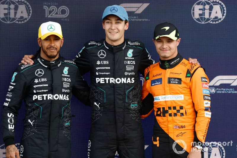Les trois premiers qualifiés Lando Norris, McLaren F1 Team, George Russell, Mercedes-AMG F1 Team, Lewis Hamilton, Mercedes-AMG F1 Team
