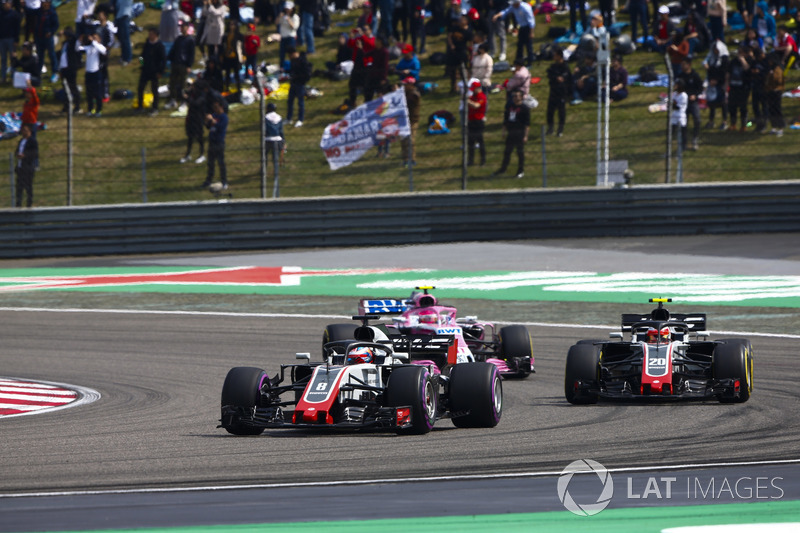 Romain Grosjean, Haas F1 Team VF-18 Ferrari, Kevin Magnussen, Haas F1 Team VF-18 Ferrari, and Esteban Ocon, Force India VJM11 Mercedes