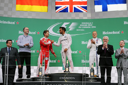 The podium (L to R): Sebastian Vettel, Ferrari, second; Lewis Hamilton, Mercedes AMG F1, race winner; Valtteri Bottas, Williams, third