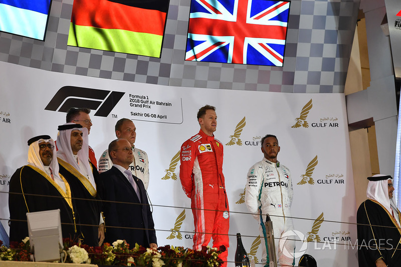 Podium: race winner Sebastian Vettel, Ferrari, second place Valtteri Bottas, Mercedes-AMG F1, third place Lewis Hamilton, Mercedes AMG F1