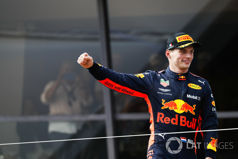 Max Verstappen, Red Bull Racing, 2nd position, arrives on the podium