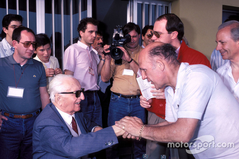 Modena 1986, Enzo Ferrari, Stirling Moss, during the Mille Miglia veterans parade at the Scaglietti factory