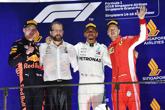 Max Verstappen, Red Bull Racing, Lewis Hamilton, Mercedes AMG F1 and Sebastian Vettel, Ferrari celebrate on the podium