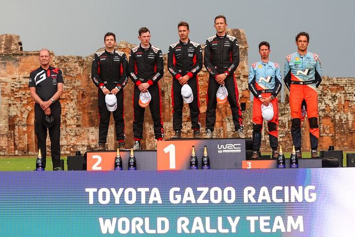 Podium: Winner Sébastien Ogier, Vincent Landais, Toyota Gazoo Racing WRT Toyota GR Yaris Rally1, second place Elfyn Evans, Scott Martin, Toyota Gazoo Racing WRT Toyota GR Yaris Rally1, third place Thierry Neuville, Martijn Wydaeghe, Hyundai World Rally Te