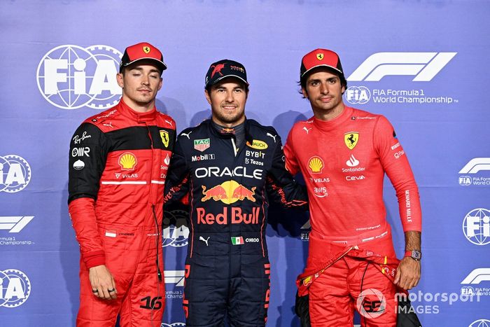 Charles Leclerc, Ferrari, el hombre de la pole Sergio Pérez, Red Bull Racing, Carlos Sainz Jr.
