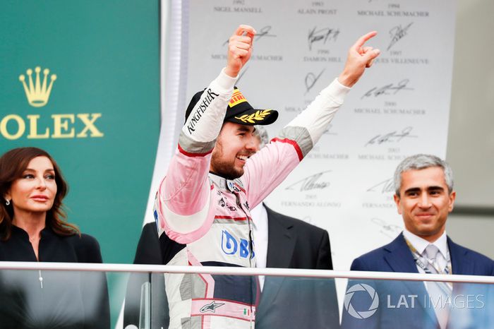 Sergio Perez, Force India celebra en el podio