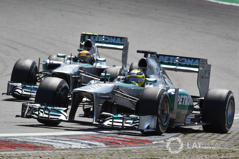 Nico Rosberg, Mercedes W04, leads Lewis Hamilton, Mercedes W04 