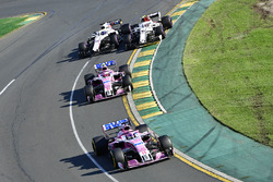 Sergio Perez, Force India VJM11 leads Esteban Ocon, Force India VJM11
