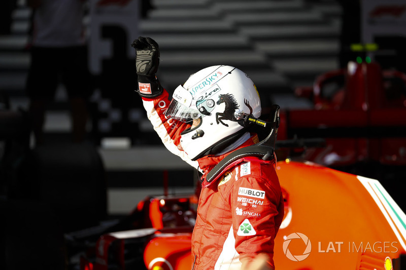 Race winner Sebastian Vettel, Ferrari, celebrates on arrival in Parc Ferme