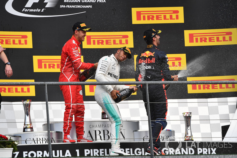 Lewis Hamilton, Mercedes AMG F1, Sebastian Vettel, Ferrari and Daniel Ricciardo, Red Bull Racing celebrate on the podium