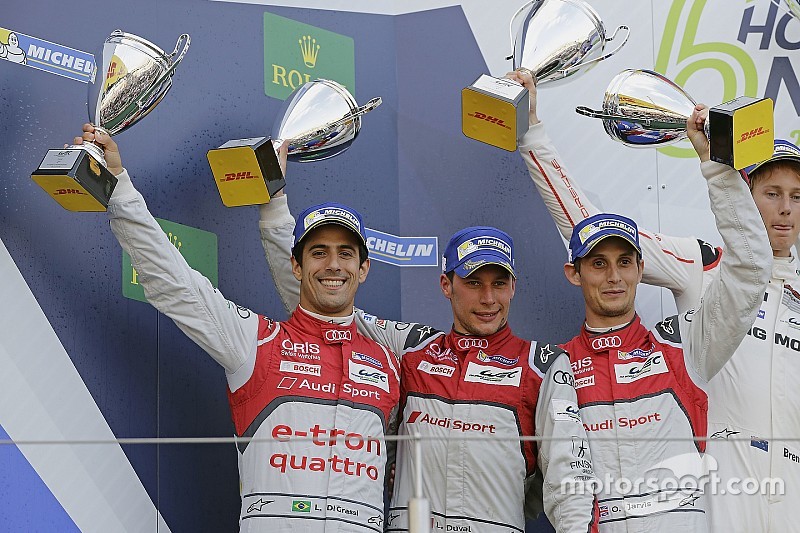 Second place #8 Audi Sport Team Joest Audi R18 e-tron quattro: Lucas di Grassi, Loic Duval, Oliver J