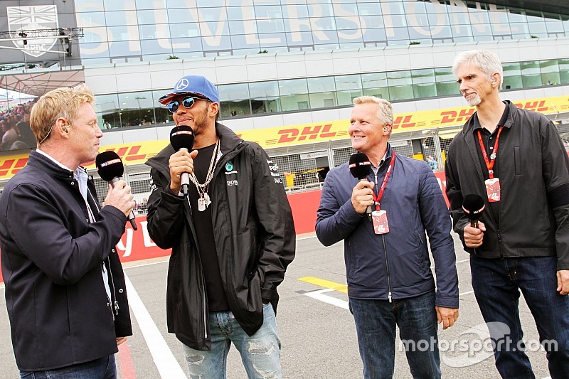 (L to R): Simon Lazenby, Sky Sports F1 TV Presenter; Lewis Hamilton, Mercedes AMG F1; Johnny Herbert, Sky Sports F1 Presenter; Damon Hill, Sky Sports Presenter
