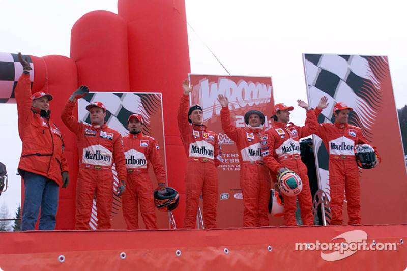 The drivers at the karting exhibition: Michael Schumacher, Luca Badoer, Rubens Barrichello, Max Biag