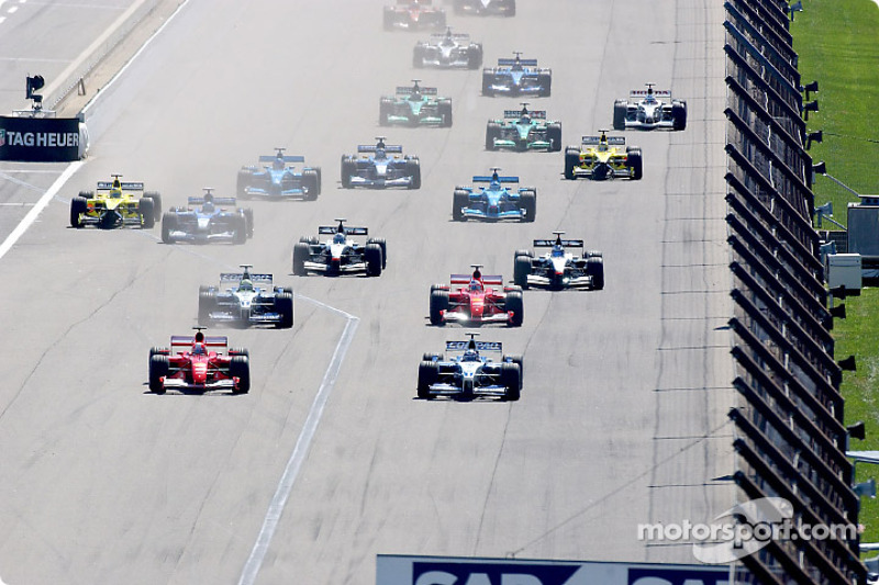 The start: Michael Schumacher and Juan Pablo Montoya side by side