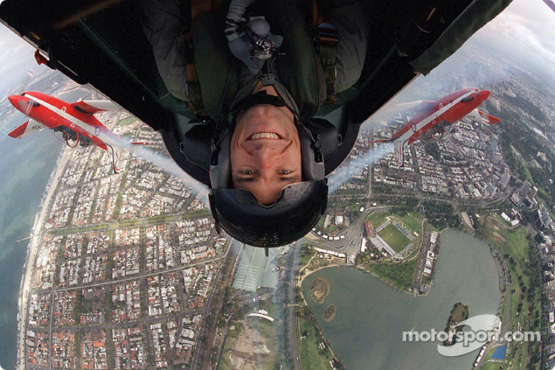 Mark Webber flying over Albert Park Circuit