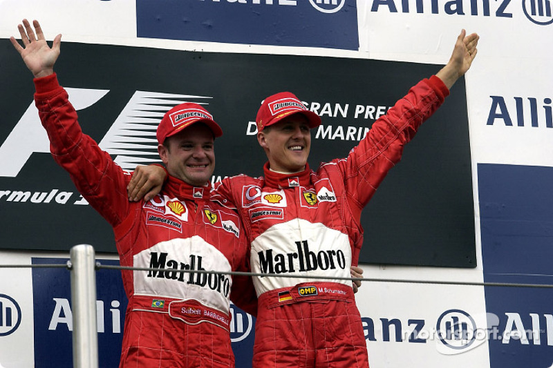 The podium: race winner Michael Schumacher with Rubens Barrichello