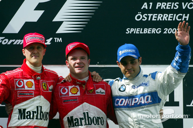 El podio: Michael Schumacher, Rubens Barrichello y Juan Pablo Montoya