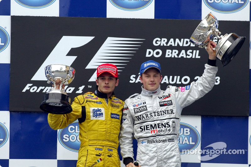 2003. Інтерлагос. Подіум: 1. Джанкарло Фізікелла, Jordan Ford Cosworth. 2. Кімі Райкконен, McLaren Mercedes. 3. Фернандо Алонсо, Renault