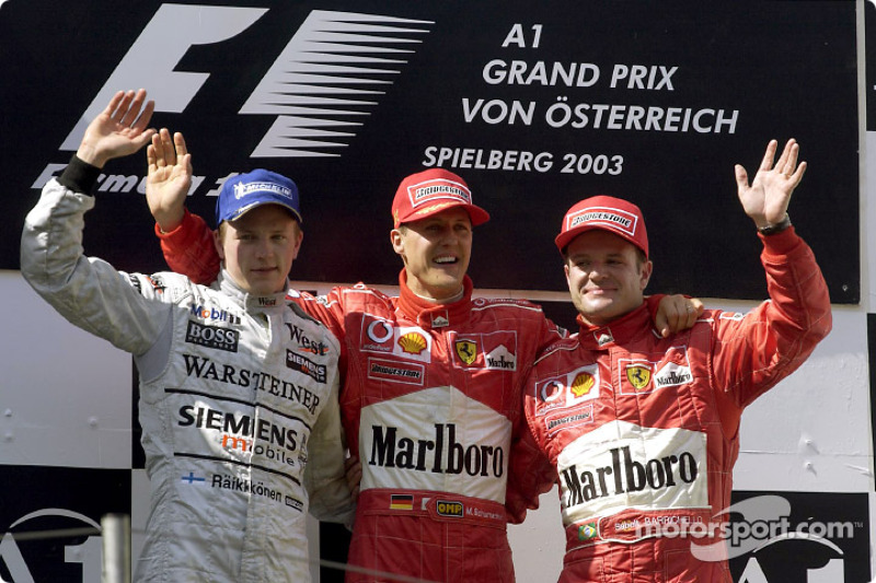 Pódio: vencedor Michael Schumacher com Kimi Raikkonen e Rubens Barrichello